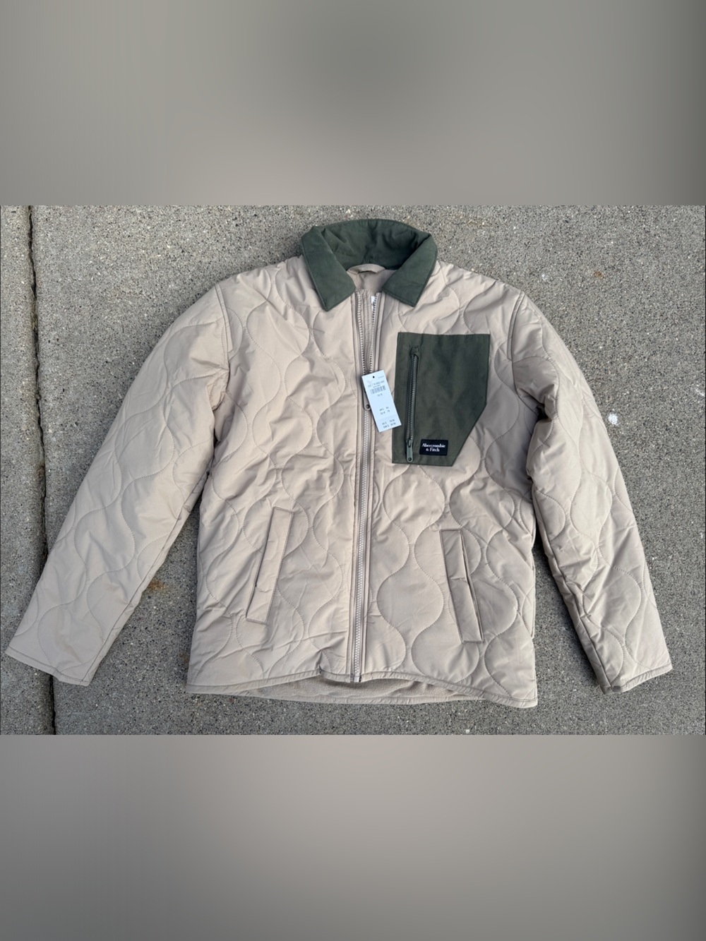 abercrombie kids Beige Quilted Jacket with Olive Chest Pocket and Collar